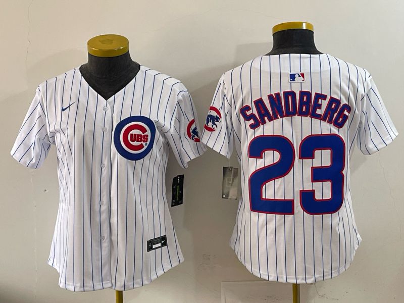 Women 2025 Chicago Cubs #23 Sandberg white stripe Nike MLB Jersey style 01->youth mlb jersey->Youth Jersey
